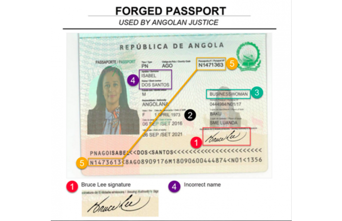 Paspor Isabel dos Santos yang dipalsukan. 